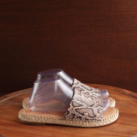 Born Sandals Womens SZ 9M Beige BLK Snake Print Leather Slide Espadrille Shoes - Picture 1 of 11